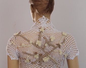 Sale Blossoming Branch - Crochet Cotton Wedding Art Shrug - Bolero - Luxury - OOAK - Size S/M