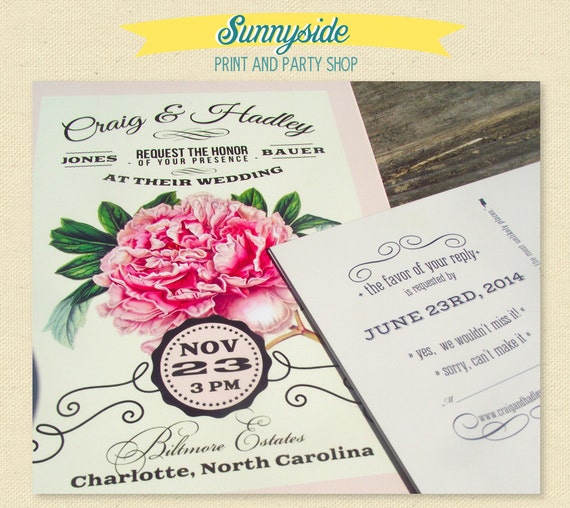 Vintage Peony Wedding Invitations 2