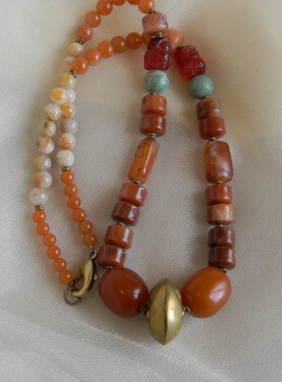 Tibetan brass bead w amber pendant necklace beaded jewelry