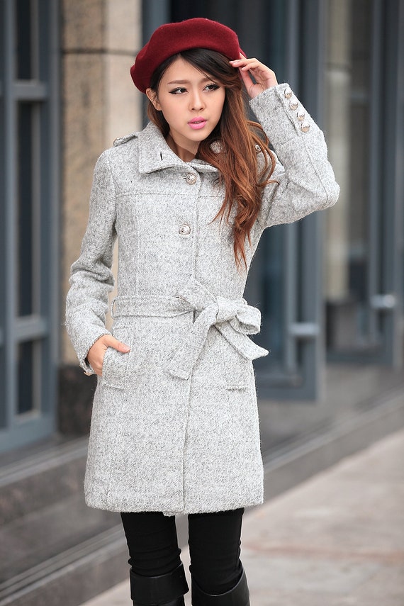Slim Fit Wool Jacket Grey Winter Coat For Women by Lantingstyle
