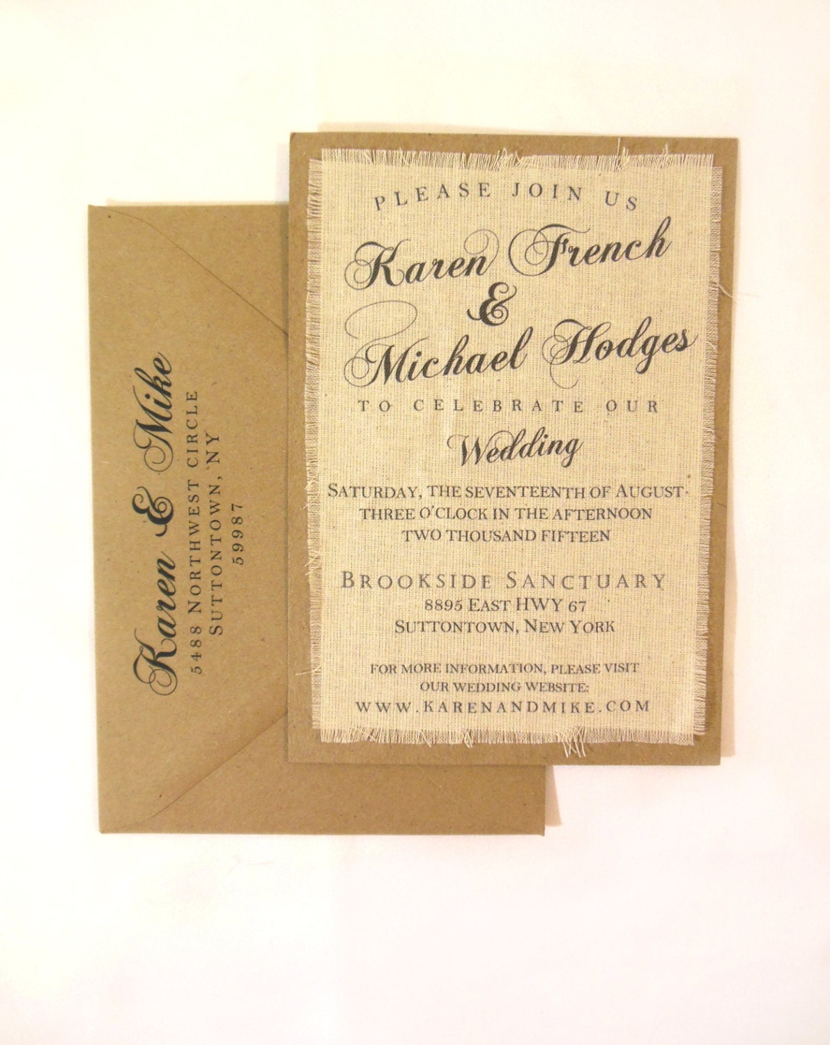 Rustic Wedding Invitation Burlap Fabric Modern Script
