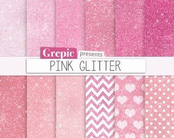 Pink glitter digital paper: "PINK GLITTER" pink sparkles backgrounds glamour pink girly glitters, shiny chevron, hearts, polkadots patterns