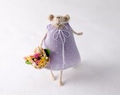 Knitted Rat with Flower Basket-Shabby Chic Home Decoration-Art Doll-Summer-Bridesmaid-Flower Girl-Soft Toy-Pastel Lilac Dress-Polkadots-UK