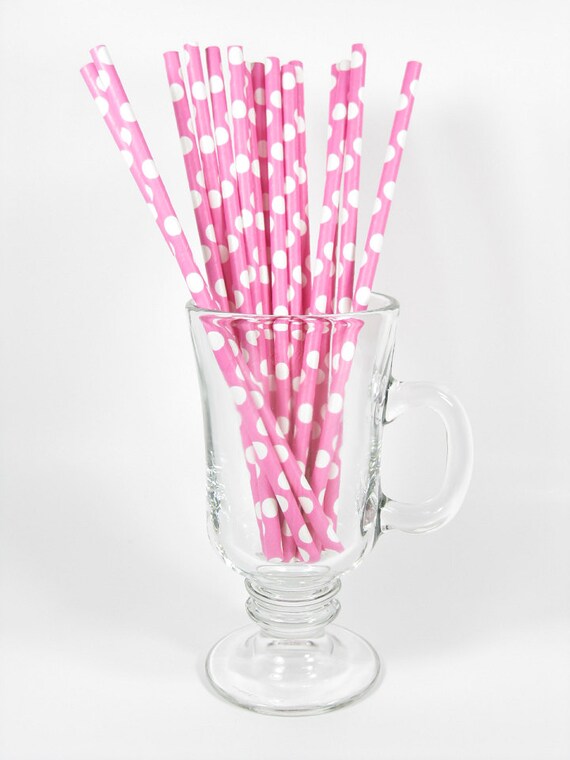15 Pink White Polka Dot Paper Straws Pink Paper by PaperedWhimsy