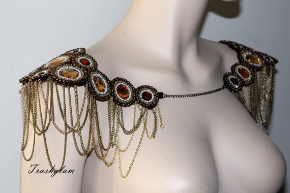 Boho steampunk glam bejeweled beaded chain Epaulettes shoulder harness necklace Statement piece jacket accessories by HausofTrashglam steampunk buy now online