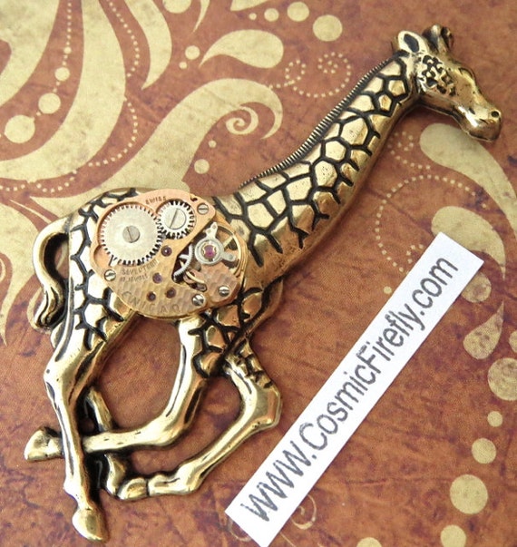 Big Steampunk Pin Big Giraffe Brooch Steampunk Brooch Antiqued Brass Gold Giraffe Pin Vintage Watch Movement Swiss Movement Art Jewelry by CosmicFirefly steampunk buy now online