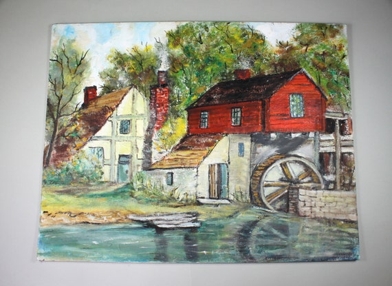 Vintage Art Original PaintingFarm House Barn Rustic Red