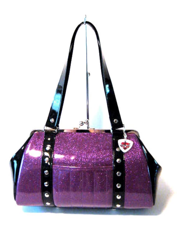Purple Sparkle Purse Black Gloss Trim Vinyl Bag Rockabilly