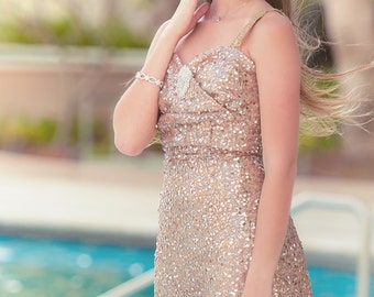 Gold Sequin Dress // Long Gold Dress For Birthday Prom Wedding Bridesmaid Evening Original Unique Designer Elegant Glamorous Beautiful Gown