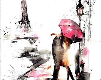 Paris in Rain Print from Original Watercolor Illustration - Travel Paris Red Umbrella Watercolor - Art Print