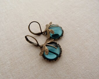 Ink moons . dragonflies earrings ink darkblue montana brass night summer fall round glass cabochon vintage boho
