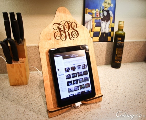 Custom Engraved Wood Initials Monogram Cook Book Stand Recipe Stand Tablet Stand Docking Stand Kindle Nook & iPad Stand