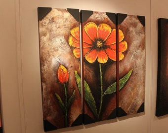 Orange Red Flower Blossom Triptych Textured Canvas Painting Triptych Canvas Panel Wall Art Deco, Brown Green Flower Wall Hanging