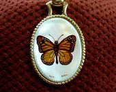 Hand Painted Monarch Butterfly Cameo Pendant Necklace Mother Of Pearl Shell Artist Signed Gold tone Collectible Art Jewelry Gifts Birthday