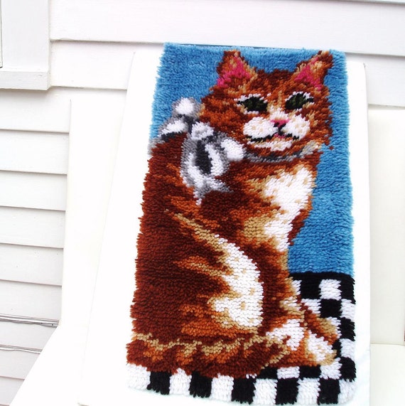Vintage Latch Hook Cat Art Latch Hook Rug Cat Wall by WhimzyThyme