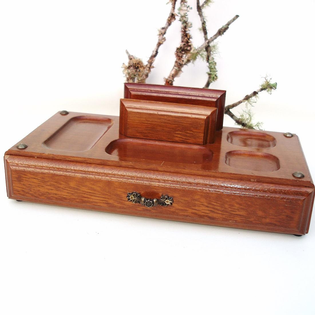 Vintage Mens Valet Wood Valet Tray Wooden Box with Drawer