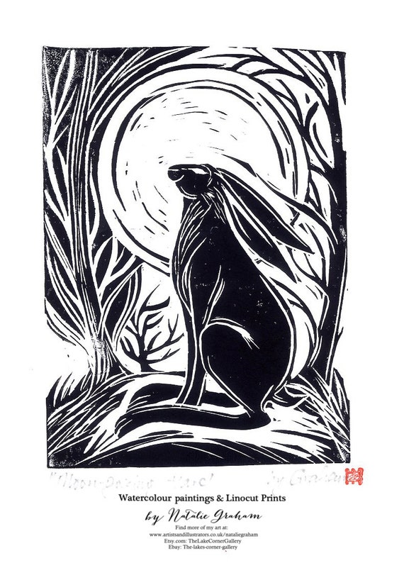 Original Linocut Print 'Moongazing hare' handprinted
