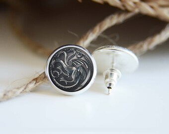 House Targaryen earrings, silver plated stud posts or leverback dangles, game of thrones jewelry