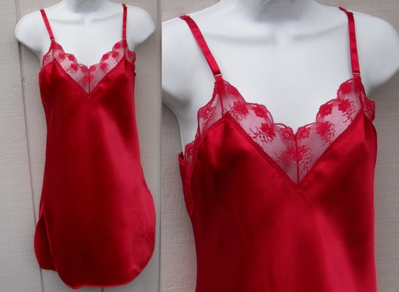 80's Red Satin Chemise Nightgown / Vintage mini slip by BetseyDo