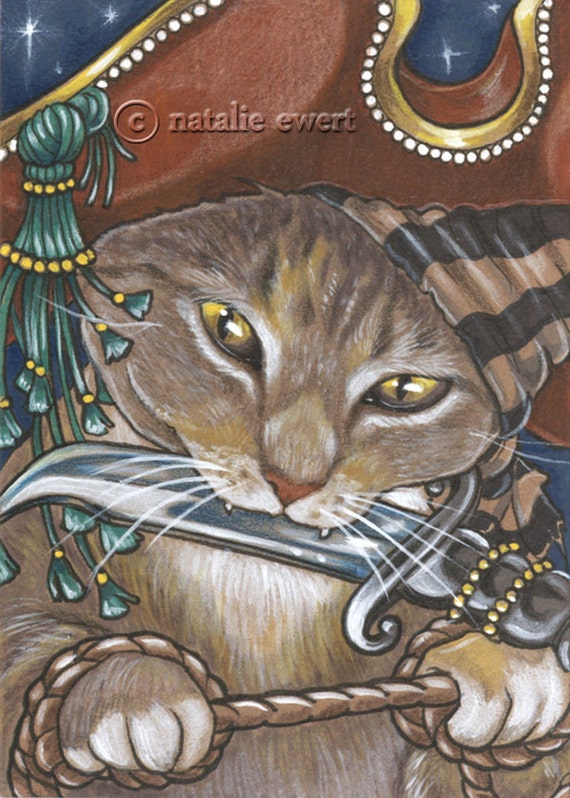 Pirate Cat 8 Signed Art Print -You Choose - 2.5x3.5, 5x7 or 8x10 in., Anthro Ren Fair Ship Spangled Breed Tan Striped Knife Hat