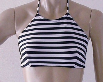 Black and White Stripe High Neck Halter Bikini Top in S-M-L-XL