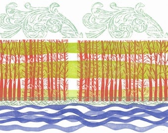 LINO PRINT - Double Red Forest - OOAK Relief Print 20x26 - Ready to Ship