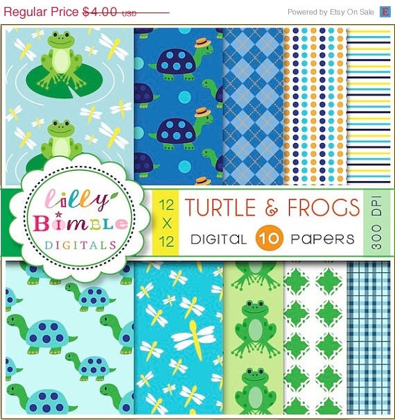 50% off Turtles and Frogs digital scrapbook papers for invites, card, design and crafts frog digital paper DOWNLOAD Il_570xn
