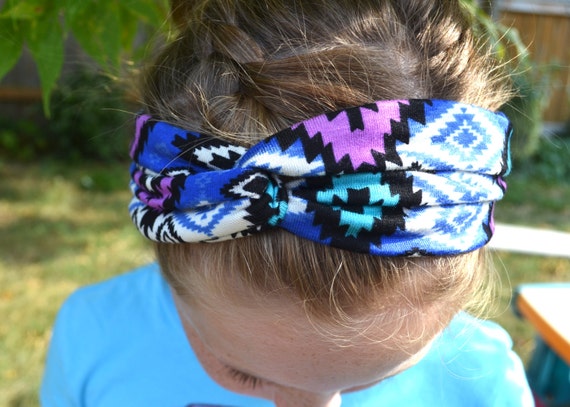 NEW Turban Twist Headband - Purple Blue Black Aztek