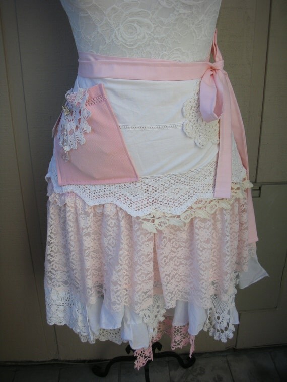 Womens Lace Aprons - Pink Bridal Aprons - Handmade Bridal Aprons - Vintage Linen Aprons - French Flea Market Aprons - Annies Attic Aprons