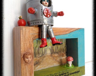 Original Mixed Media Wind Up Art Doll Diorama xxx A Tricky Landing in the Tree of Knowledge