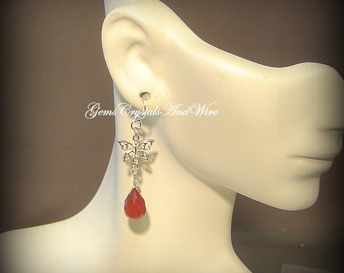 Butterfly Earrings, Sterling Silver Earrings, Red Quartz Drops, Gift For Her, Ladies Jewelry