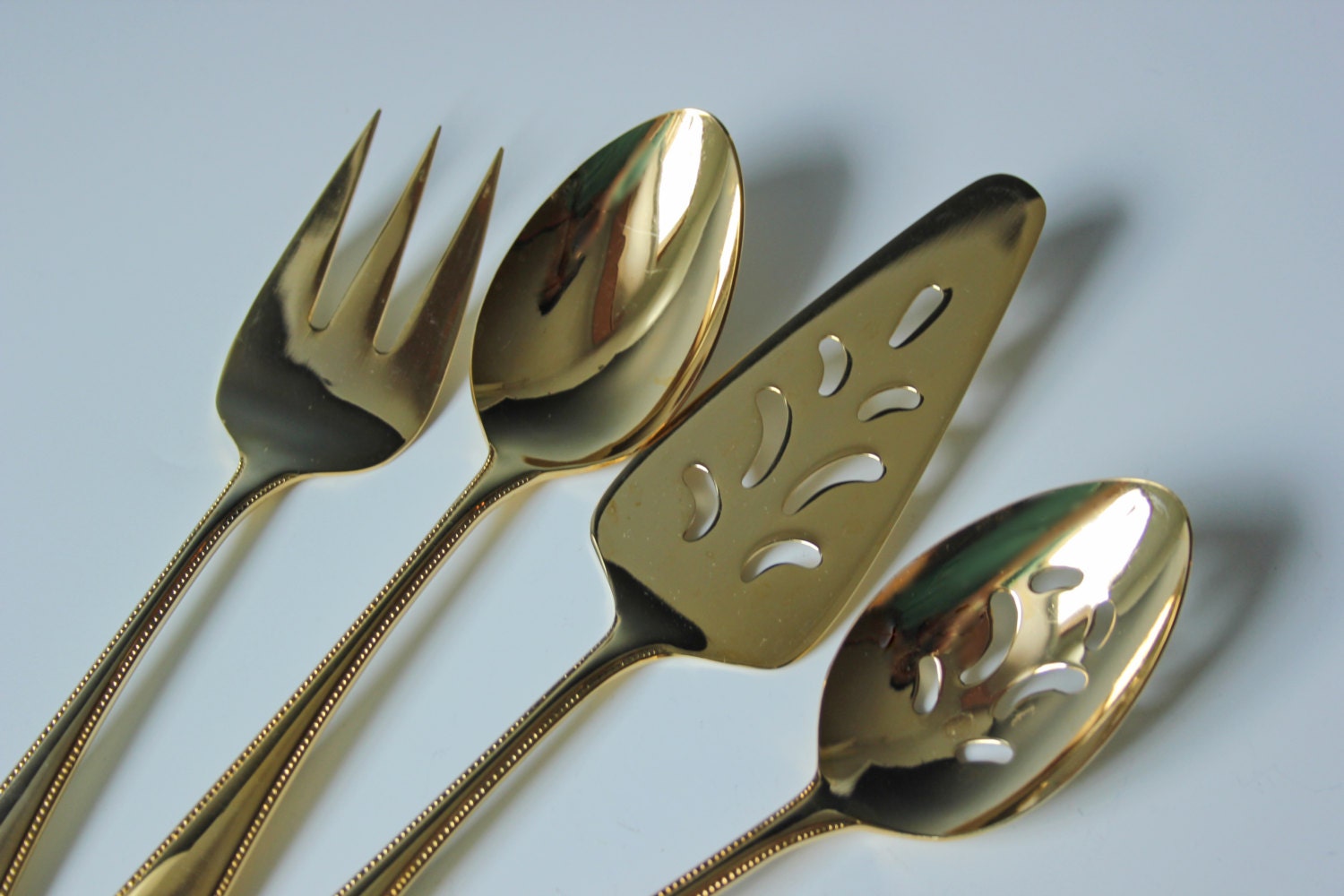 gold plated serving spoons, pie server, fork, server flatware, butter