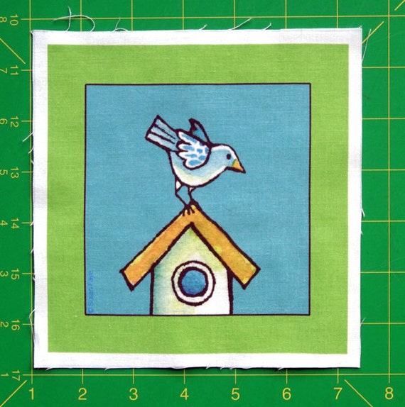 Items similar to Quilt Block Art Fabric/ Blue Bird and Birdhouse/ Craft