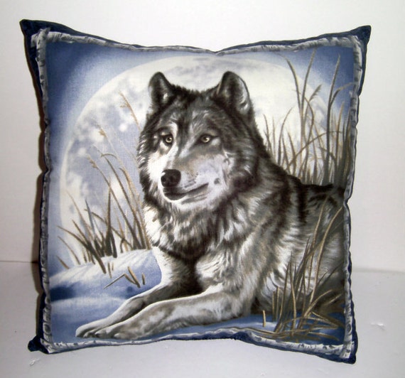 Lone Wolf Pillow Blue Wolf Cushion by CarriesCraftStore on Etsy