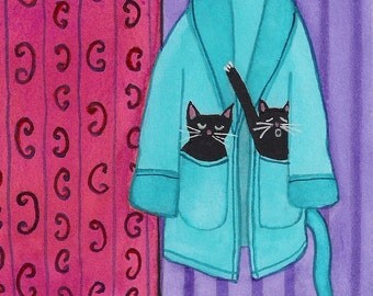 Black cats enjoy plush robe / Lynch signed folk art print