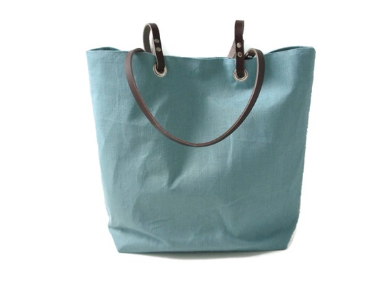 Linen Tote Bag, Beach Bag - Mineral Blue Linen with Leather Handles ...