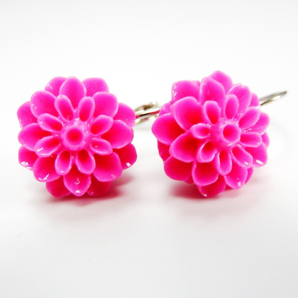 Pink Flower Earrings Leverback Earrings with a fuchsia bright