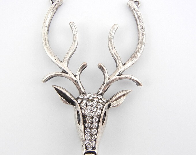 Antique Silver-tone Deer Head Double Link Pendant Rhinestones