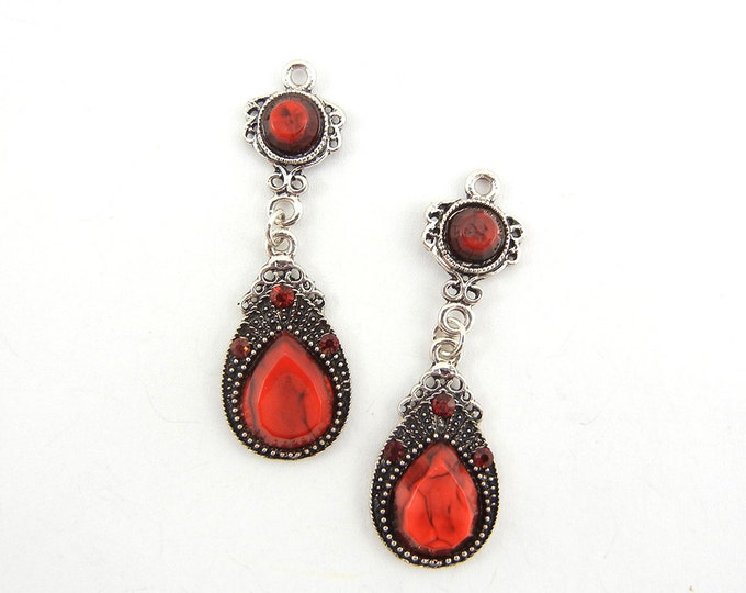 Pair of Drop Charms with Red Acrylic Accents Antique Silver-tone with Red Acrylic Accents