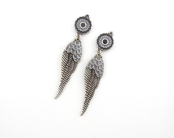 Gray Epoxy Wing Charms Pair Antique Silver-tone