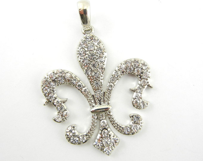 Silver-tone Rhinestone Accented Fleur de Lis Pendant