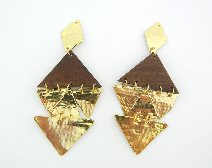 Pair of Tribal Wood and Gold-tone Hammered Metal Drop Charms