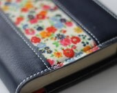 Navy Leather Bible Cover with Vintage Floral Accent, Custom Fit, Made to fit your bible, Genuine Leather Bible Cover, Handmade bible cover