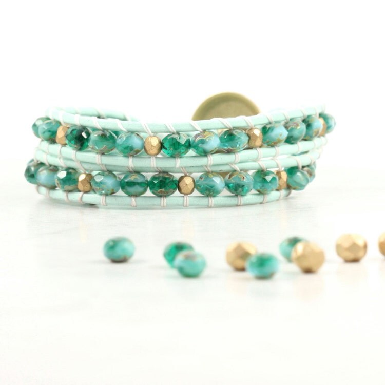 Mint Green Wrap Bracelet Gold Beaded by AbacusBeadCreations