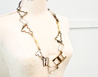 Metal Links Necklace, Vintage Buckles, Long Necklace, Metal Links, Statement, Gold , Bronze and Silver Links - Unusual