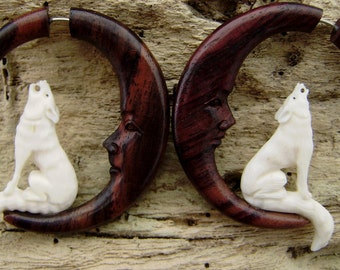 Howling white wolf at the faced moon ,Fake gauge earrings ,Bone Split Gauge tribal hand made fake piercings call of the wild wolf with moon