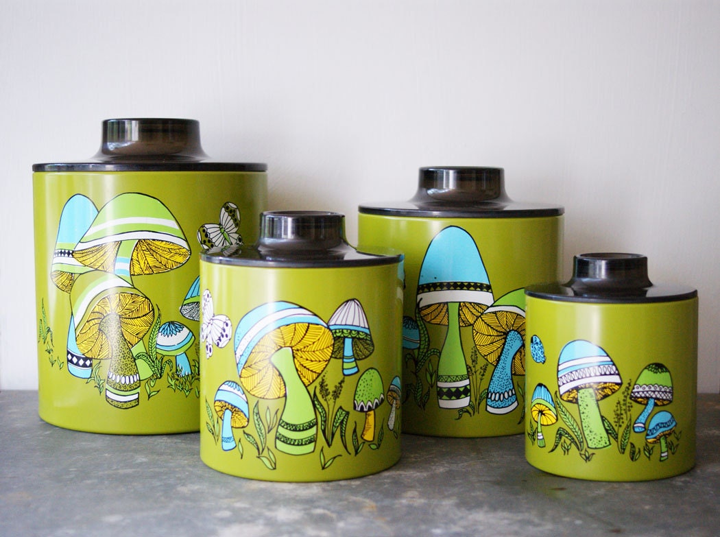 1970's Mushroom Canister Set Green and Aqua by susantique on Etsy