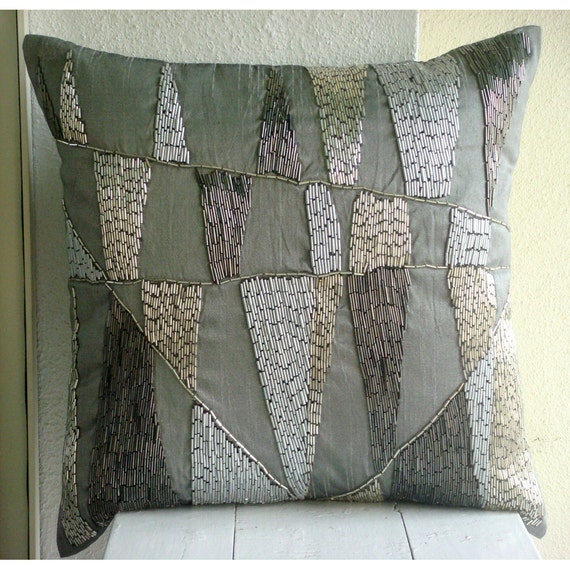 thehomecentric Decorative Throw Pillow Covers 16x16 Grey Silver Silk Embroidered Accent