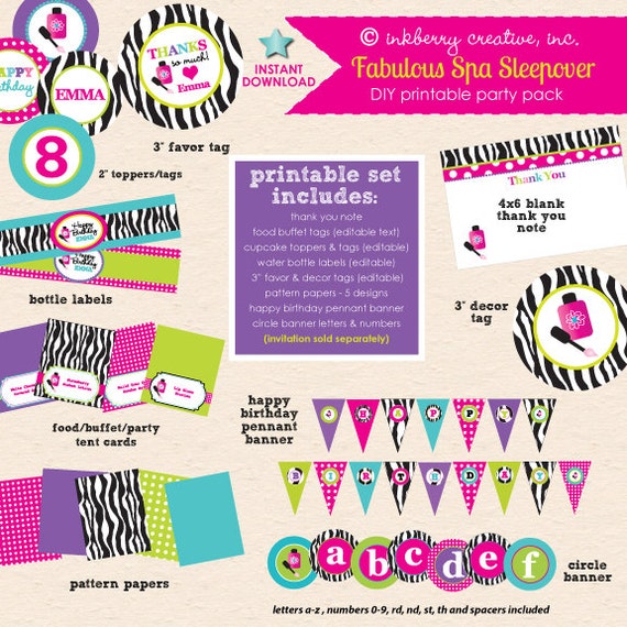 INSTANT DOWNLOAD! Fabulous Spa Sleepover - Hot Pink, Aqua & Zebra Birthday Party - DIY/Printable Complete Party Pack Il_570xn