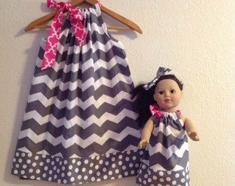 dress Gray chevron pillowcase dress matching American Girl Doll dress 3, 6, 9 12, 18 month 2t,3t,4t,5t,6,7,8,10,12